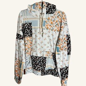 AMPERSAND AVE Floral and Leaf Patchwork Print Hoodie with Lace Drawstrings XXL